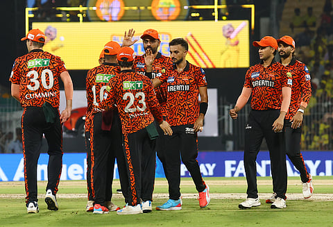 SRH players celebrate a wicket against CSK in Chennai on Friday