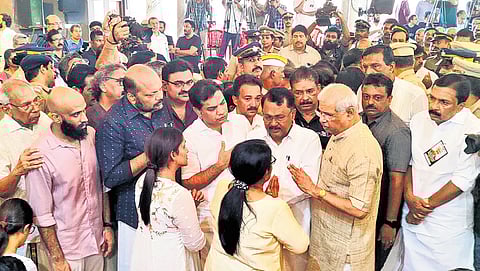 Governor Rajendra Arlekar and Goa Governor P S Sreedharan Pillai console the family of N Ramachandran, who was killed in a terrorist attack in Pahalgam in Kashmir, when his body was kept for public homage at Changampuzha Park on Friday. MP Hibi Eden and Industries Minister P Rajeeve are also seen