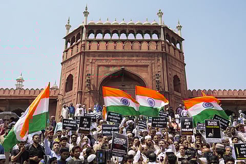 Muslims stage a protest condemning the Pahalgam terrorist attack after Friday prayers at the Jama Masjid in Delhi, April 25, 2025. 