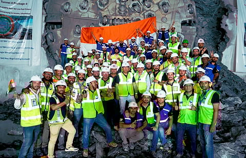 Larsen & Toubro (L&T) staff and engineers celebrated the breakthrough of India’s longest rail tunnel at Janasu, Uttarakhand. The 14.57-km Devprayag-Janasu tunnel was completed on April 16, 2025, in the presence of Railway Minister Ashwini Vaishnaw.