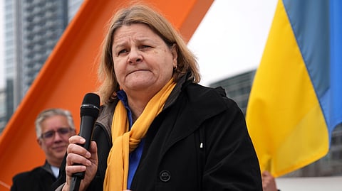 Milwaukee County Circuit Court Judge Hannah Dugan speaks during a rally marking the third anniversary of Russia's invasion of Ukraine on Feb. 24, 2025, in Milwaukee, Wis.