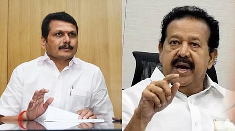 V. Senthil Balaji (L),  K. Ponmudy.