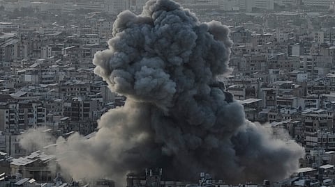Smoke rises following an Israeli airstrike on Dahiyeh in the southern suburb of Beirut, Lebanon, Sunday, April 27, 2025