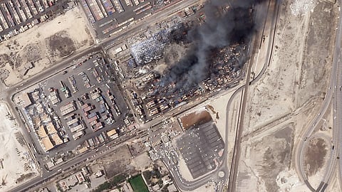 This satellite photo from Planet Labs PBC shows the epicenter of an explosion at the Shahid Rajaei port near Bandar Abbas, Iran, Monday, April 28, 2025