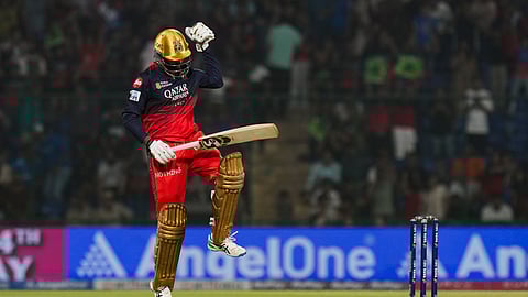 RCB's Krunal Pandya celebrates after winning the IPL 2025 T20 cricket match between Delhi Capitals and Royal Challengers Bengaluru, at the Arun Jaitley Stadium, in New Delhi, Sunday, April 27, 2025. 