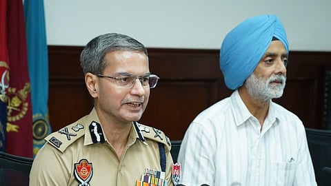 Punjab Director General of Police Gaurav Yadav talking to media on the installation of anti-drone system. 