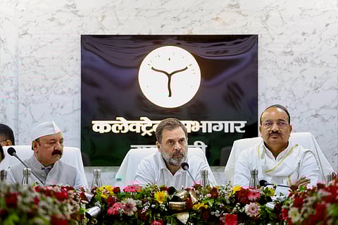 Leader of Opposition in Lok Sabha Rahul Gandhi with party leader Kishori Lal Sharma during the Development Coordination & Monitoring Committee (DISHA) meeting, in Rae Bareli.