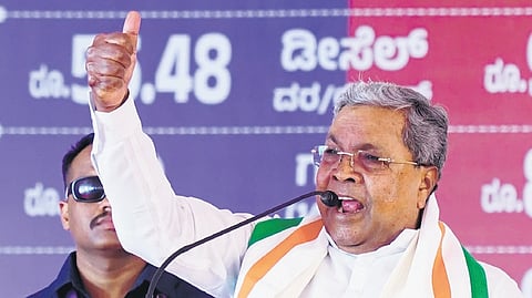 Chief Minister Siddaramaiah speaks at a Congress event in Belagavi on Monday