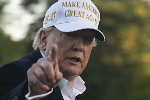 President Donald Trump arrives on Marine One at the White House, Sunday, April 27, 2025, in Washington. 