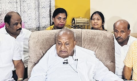 Former Prime Minister HD Deve Gowda addresses the media in Mysuru on Thursday 