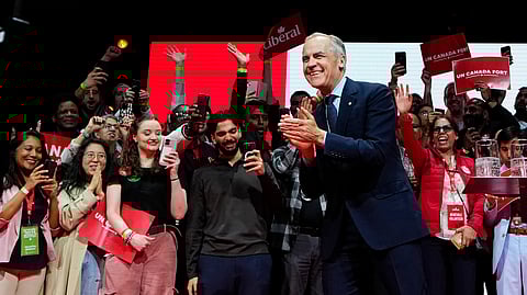Canadian Prime Minister Mark Carney arrives on stage at his campaign headquarters after the Liberal Party won the Canadian election in Ottawa on Tuesday, April 29, 2025.