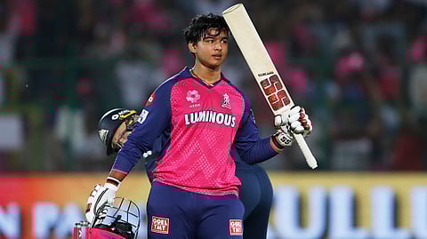 Rajasthan Royals' Vaibhav Suryavanshi celebrates after scoring a century during the Indian Premier League cricket match between Rajasthan Royals and Gujarat Titans at Sawai Mansingh Stadium in Jaipur, India, Monday, April 28, 2025. 
