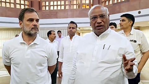 Lok Sabha LoP Rahul Gandhi and Rajya Sabha LoP Mallikarjun Kharge speak to the media after attending the all-party meeting convened by the central government, in New Delhi, April 24, 2025.