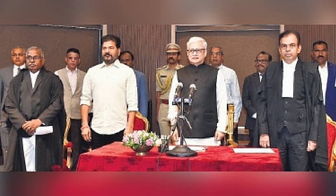 Governor Jishnu Dev Varma administered the oath of office to Justice A Rajasheker Reddy (right) and Justice BS Jag Jeevan Kumar (left) as Lokayukta and Upalokayukta of Telangana respectively, at Raj Bhavan in Hyderabad on Monday