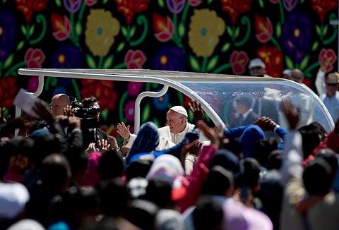 Pope Francis waves to the crowd after celebrating Mass in San Cristobal de las Casas, Mexico, Feb. 15, 2016