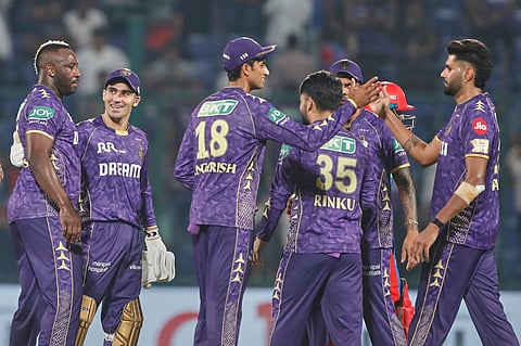 Kolkata Knight Riders players celebrate after winning the Indian Premier League cricket match against Delhi Capitals at Arun Jaitley Stadium in New Delhi, India, Tuesday, April 29, 2025.