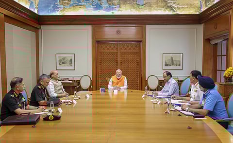 Prime Minister Narendra Modi holds meeting with Defence Minister Rajnath Singh, NSA Ajit Doval, CDS General Anil Chauhan, Army Chief Gen. Upendra Dwivedi, Navy Chief Admiral Dinesh K Tripathi and IAF Chief Air Chief Marshal Amar Preet Singh, in New Delhi.