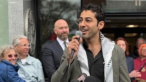 Mohsen Mahdawi speaks outside the courthouse after a judge released the Palestinian student activist on Wednesday, April 30, 2025 in Burlington.