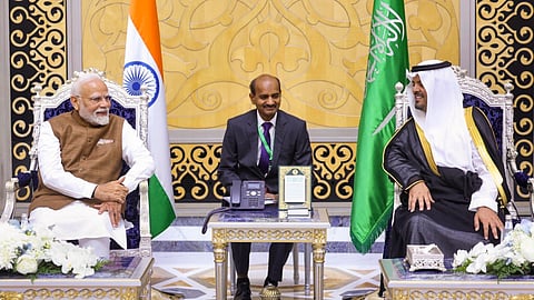 In this image shared by @MEAIndia on X on April 22, 2025, Prime Minister Narendra Modi is seen with Prince Saud bin Mishaal bin Abdulaziz Al Saud, Deputy Governor of Makkah, in Jeddah, Saudi Arabia.