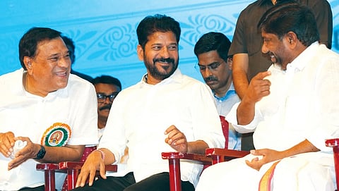 Chief Minister A Revanth Reddy  and Deputy Chief Minister Mallu Bhatti Vikramarka share a lighter moment during the release of SSC results in Hyderabad 
on Wednesday