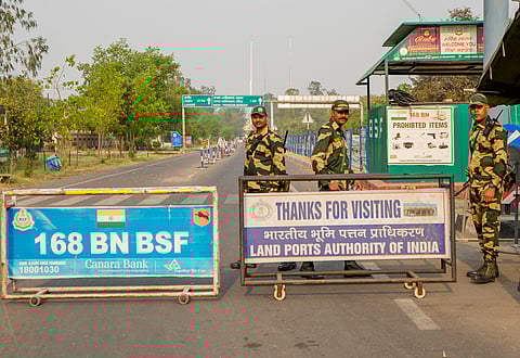 BSF personnel guard at the Integrated Check Post near the Attari-Wagah border, in Amritsar district, Thursday, May 1, 2025.