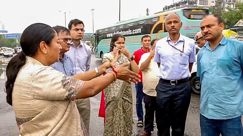 Delhi CM Rekha Gupta assesses the situation after rains at Majnu Ka Tilla, in New Delhi, Friday, May 2, 2025.