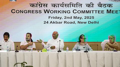In this photo from May 2, 2025, Congress President Mallikarjun Kharge, Congress Parliamentary Party chairperson Sonia Gandhi and LoP in Lok Sabha Rahul Gandhi attend the Congress Working Committee (CWC) meeting in New Delhi.