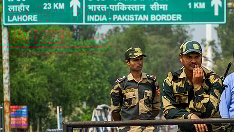 BSF personnel stand guard at the Integrated Check Post near Attari-Wagah border, in Amritsar district, Friday, May 2, 2025.