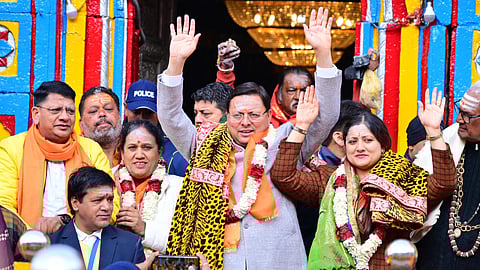 Chief Minister Pushkar Singh Dhami and his wife Geeta Dhami greet devotees at
Kedarnath Dham on Friday morning during the opening of the portals.