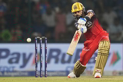 Royal Challengers Bengaluru's Virat Kohli plays a shot during the Indian Premier League cricket match between Delhi Capitals and Royal Challengers Bengaluru at Arun Jaitley Stadium in New Delhi, India, Monday, April 28, 2025.