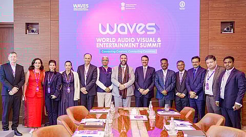 Maharashtra Chief Minister Devendra Fadnavis in a group picture with Prince Faisal Bin Bandar Al Saud, Chairman of the Saudi Esports Federation, and others during the 'WAVES 2025', at the Jio World Convention Centre in Mumbai on Friday.