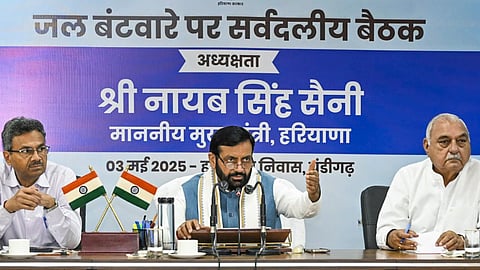 Haryana Chief Minister Nayab Singh Saini during an all party meeting regarding sharing of water with Punjab, in Chandigarh.