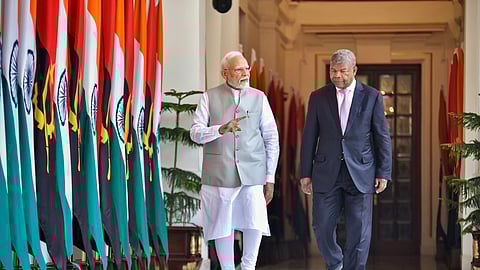 Prime Minister Narendra Modi with Angolan President Joao Manuel Goncalves Lourenco during a meeting, at the Hyderabad House in New Delhi, May 3, 2025.
