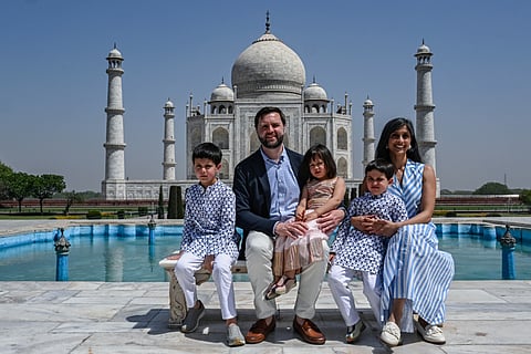 US Vice President JD Vance and his family, including wife Usha Vance, visit the Taj Mahal on Wednesday, April 23, 2025, in Agra, India.