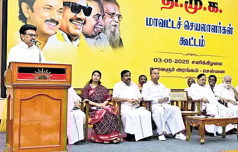 Chief Minister and DMK president MK Stalin addressing a meeting of the party’s district secretaries in Chennai on Saturday.