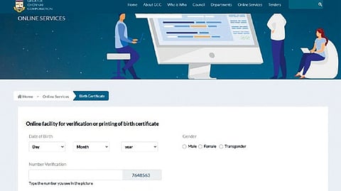 A screengrab of the corporation page for downloading birth certificate