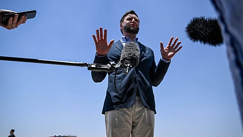 US Vice President JD Vance speaks to media as he departs Agra after visiting the Taj Mahal on Wednesday, April 23, 2025, in Agra, India.