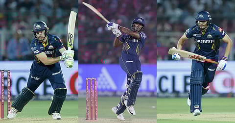 Jos Buttler, B Sai Sudharsan and Shubman Gill of Gujarat Titans