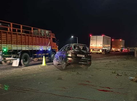 Two dead and four persons injured in a road accident near Bargur, when they were heading to Hogenakkal in a car from Ranipet hit on eb pole in a centre median in the wee hours of Saturday.