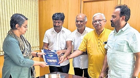 KAMS members submit a memorandum to Principal Secretary V Rashmi Mahesh on Saturday | Express