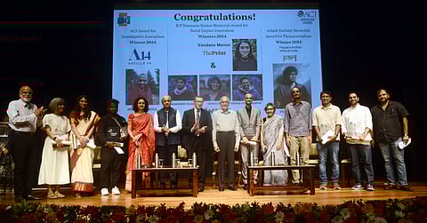 Norman Pearlstine, US journalist (seventh from left), Manoj Kumar Sonthalia, CMD, The New Indian Express Group (Madurai) (sixth from left), Sashi Kumar, chairman, Media Development Foundation (extreme left), during the ceremony.