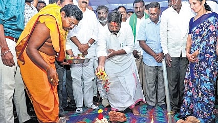 Deputy Chief Minister Bhatti Vikramarka performs puja and lays the foundation stone for the Young India Integrated Residential School at Lakshmipuram village, Bonakal mandal in Khammam on Saturday.