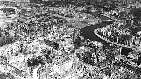 A view taken from a Cub artillery observation plane on July 10, 1945, shows vast areas of destruction in Berlin, after repeated Anglo-American air raids on the German capital. 