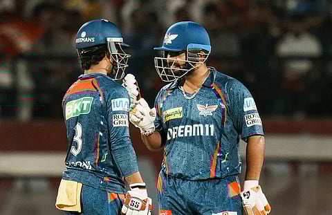LSGs' batters Ayush Badoni and Rishabh Pant during the IPL 2025 match between Punjab Kings and Lucknow Super Giants, at Himachal Pradesh Cricket Association Stadium, in Dharamshala, Sunday, May 4, 2025. 