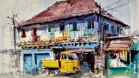 An artwork from the exhibition organised by Raksha Society and Aquarelle Kerala