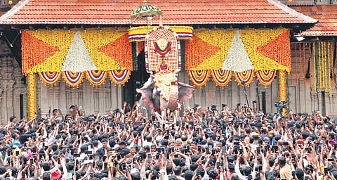 Tusker Ernakulam Sivakumar carrying the idol of Neythalakkavu Bhagavathy through the Thekke Gopura Nada, heralding Thrissur Pooram 2025 amid rousing reception on Monday.