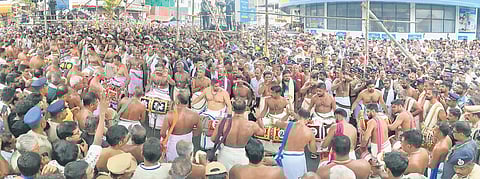 Crowd enjoying the panchavadyam when the Thiruvambady Bhagavathy’s procession reached Brahmaswam Madom