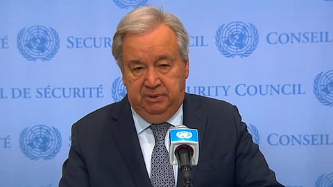UN Secretary-General Antonio Guterres delivers a statement regarding the escalating tensions between India and Pakistan following the Pahalgam terror attack, in USA.