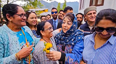 PDP chief Mehbooba Mufti interacts with tourists at Pahalgam, in Anantnag, J&K, Monday, May 5, 2025. 