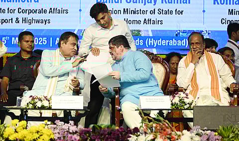 Union Minister Nitin Gadkari laid the foundation stone and inaugurated various projects in Hyderabad on Monday.